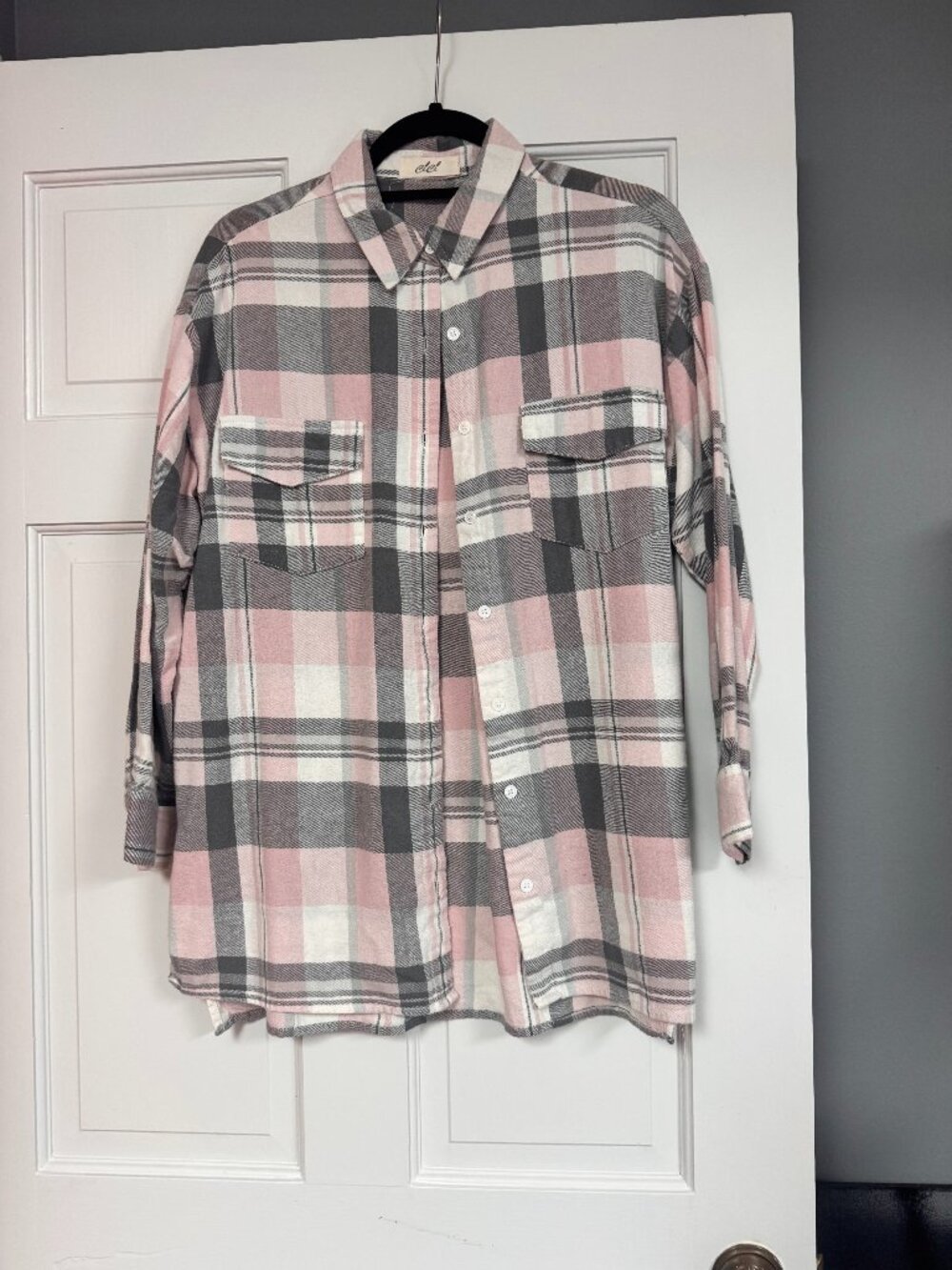 Pink Gray Plaid Button Front Flannel Shirt Tunic Medium